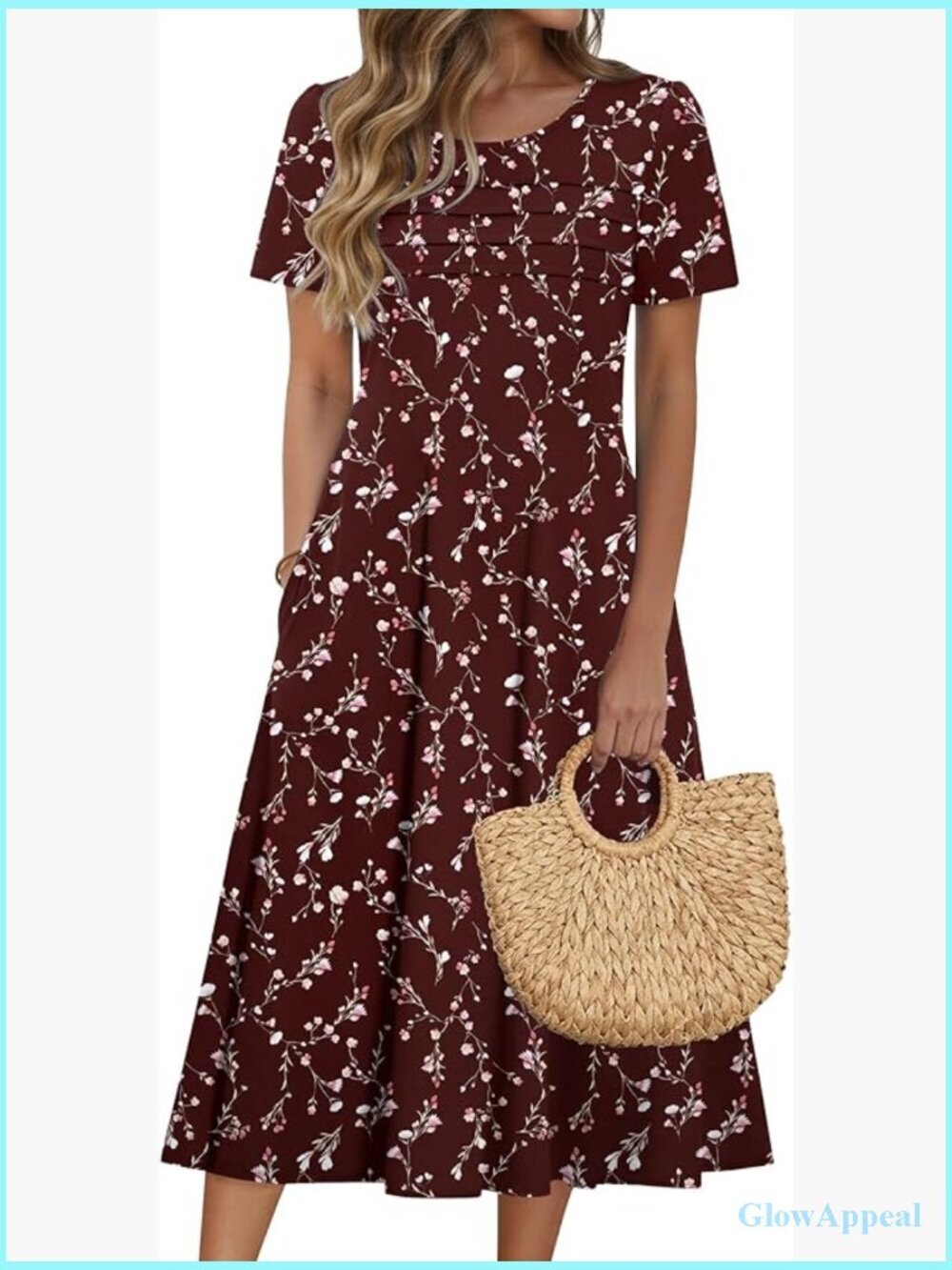 Short Sleeve Pleated Front Midi Dress with Pockets Loose Fit